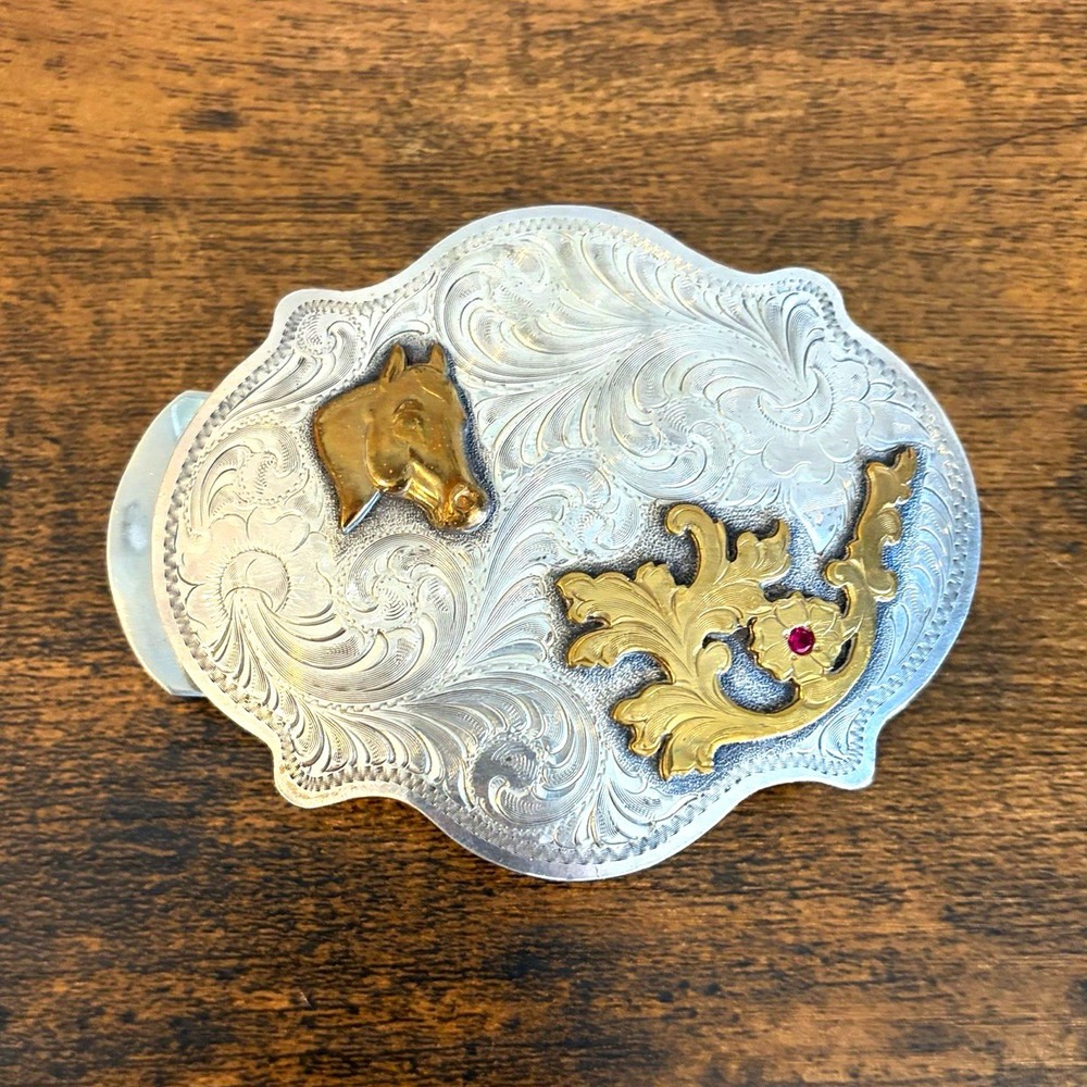 Silverado Silversmiths Silver Overlay Western Belt Buckle Horse Head Ruby-Red
